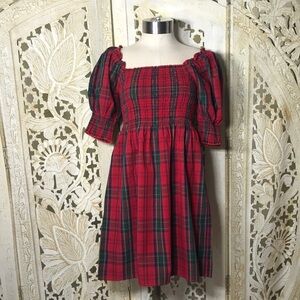 Nicole Miller Red and Green Plaid Smocked Puff Sleeve Dress